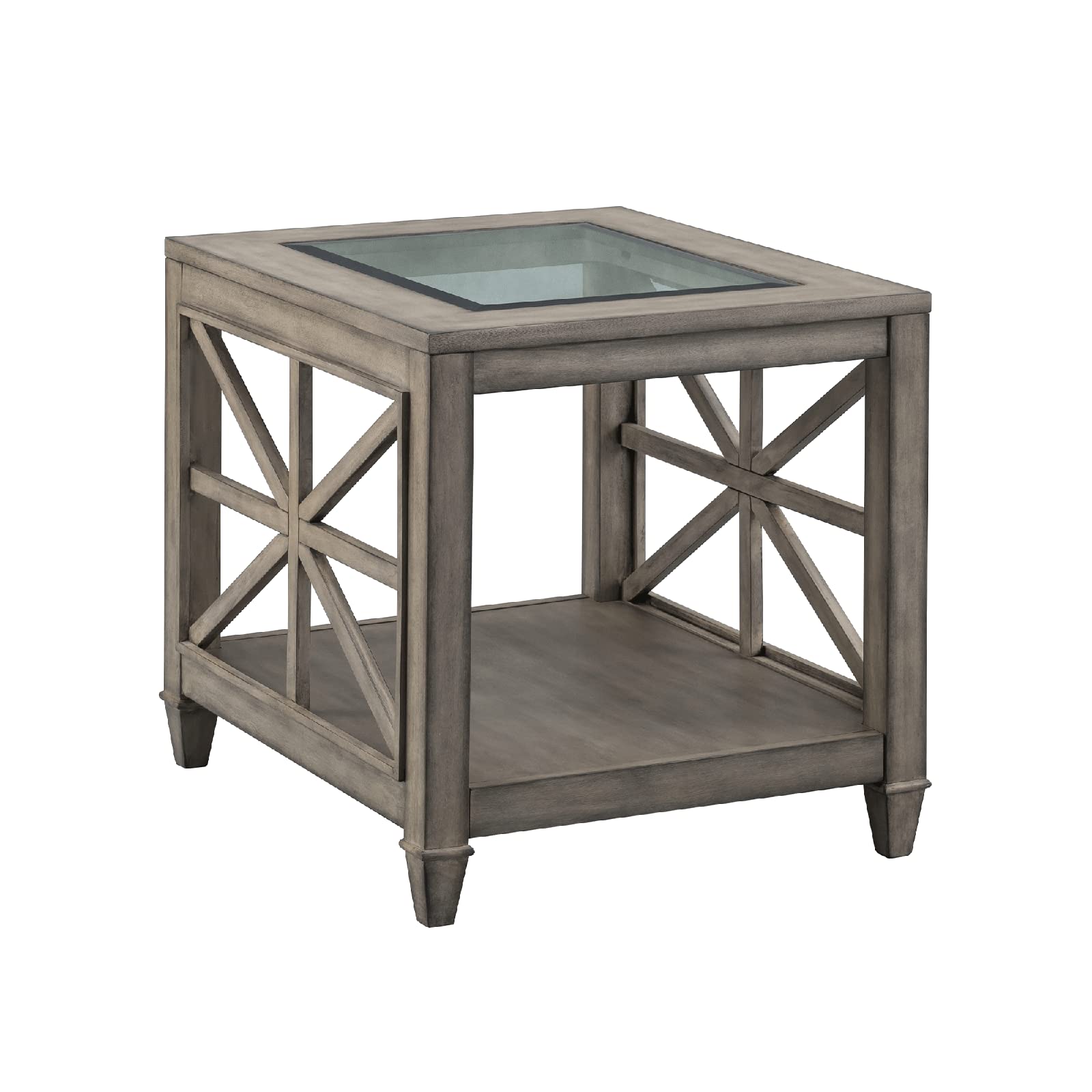 BAXMUY Solid Wood End Tables with Tempered Glass Top, 28" x 24" Large Farmhouse Side Table for Living Room, Bedroom & Office, Grey Wash