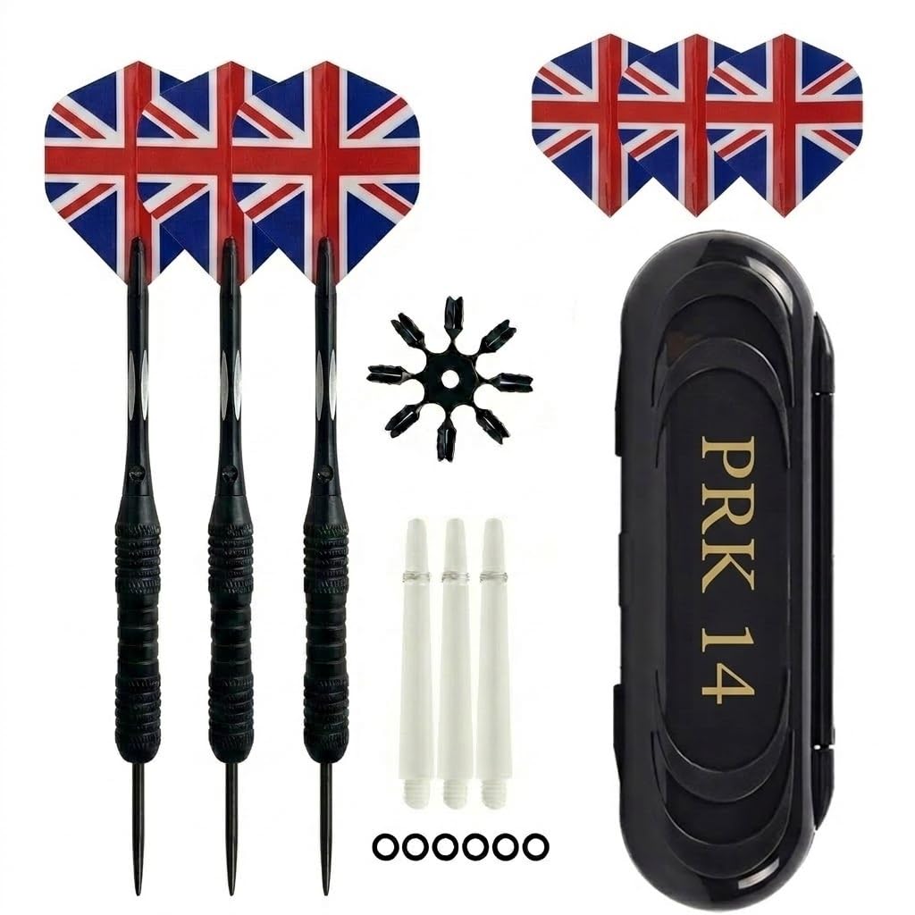 PRK 14 Professional Darts Set - 3 x 22g Black With Great Britain Union Jack Flag Steel Tips Aluminum Shafts In Travel Case with Accessories Stems and Spare Flights
