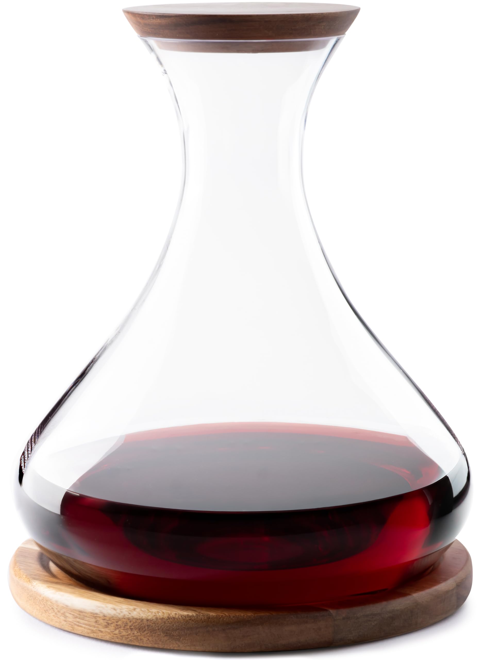 Cork & Mill Wine Decanter Set with Acacia Wood Stand and Lid/Stopper, Contemporary Hand Blown Crystal Decanter, Large Glass Carafe/Aerator, Red Wine Accessories, Luxury Gift Idea for Women or Men