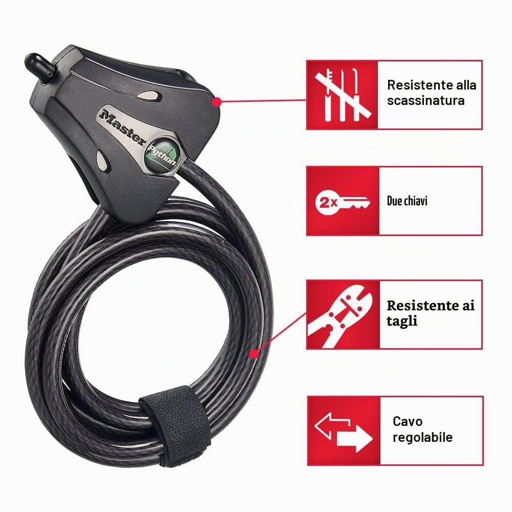 Master Lock, Lucchetto per bici con cavo nero e chiave, cavo regolabile in metallo con rivestimento in vinile, resistente alle intemperie, per attrezzature da esterno, biciclette, telecamere trail,