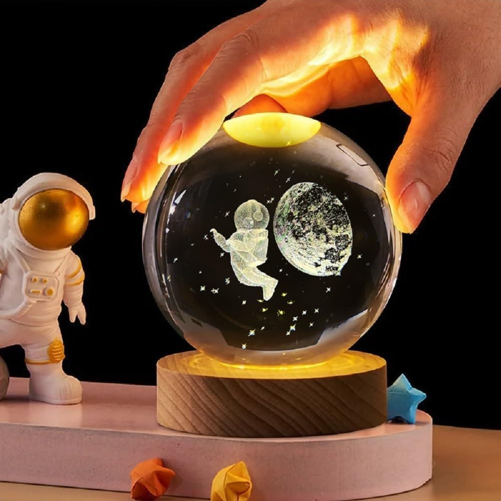 Desidiya 3D Crystal Ball Night Light Space Astronaut Half Moon with LED Wooden Stand, Room Decor Glass Sphere Lamp Night Light Gifts for Women Men Dad Mom Kids