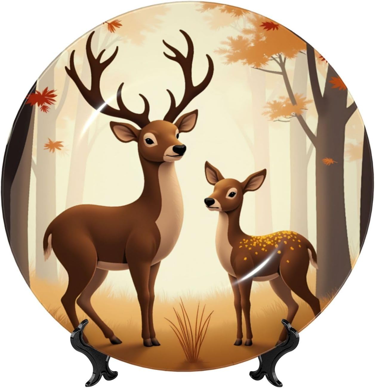 Autumn Deer Style Ceramic Plate Display Decorative Plate With Stand Wall Hanging Plate For Home Decor 10 Inch