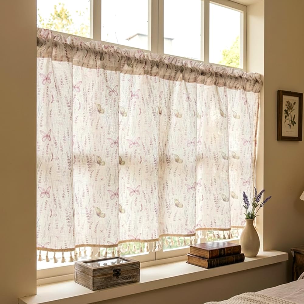 CARPJZ Butterfly Print Half Curtain, Semi Sheer Window Tier Panel, Rod Pocket No Tools Install, Bohemian Short Drape with Tassel for Kitchen Bathroom Doorway Cabinet