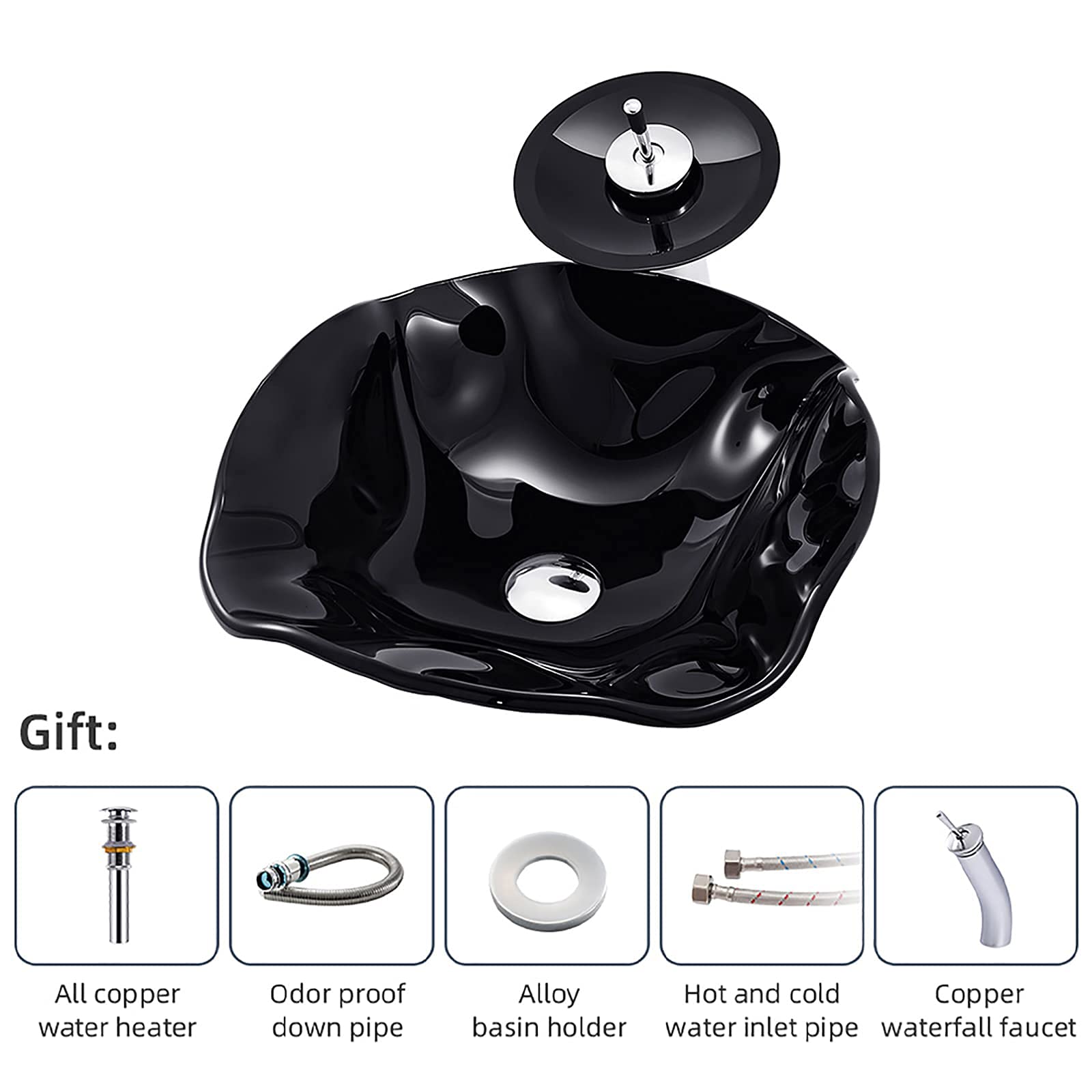 Fregadero de baño con combinación de Grifo y desagüe, Lavabo de contenedor, Lavabo sobre encimera de Vidrio Templado, Lavabo sobre encimera de Cuenco Negro de Forma Irregular
