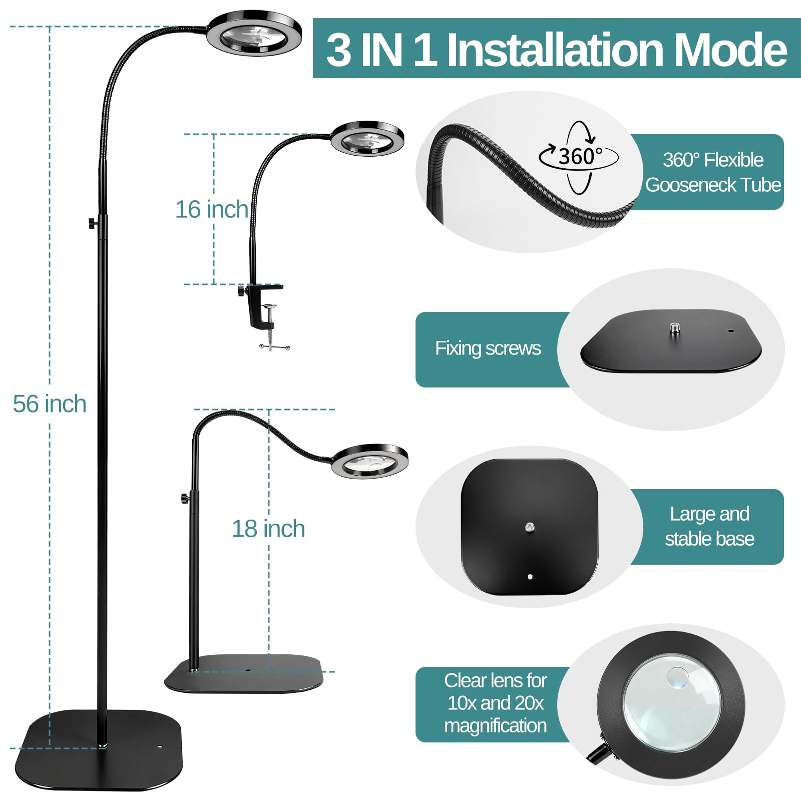 Lupa 3 en 1 con luz y soporte, 10 x 360 ° lámpara de pie LED con brazo giratorio flexible, 3 modos de color, lupa de lectura continua para personas mayores, para leer, manualidades, aficiones