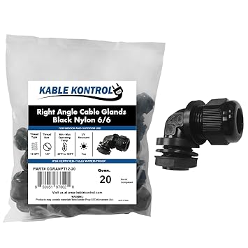Kable Kontrol Nylon Cable Glands Right Angle Gland - 1/2 Diameter - 14 NPT Thread - 20 Pcs/Pack - Black - Nylon 6-6 - Flame Retardant - Fully Waterproof: IP68 Certified - Electrical Gland