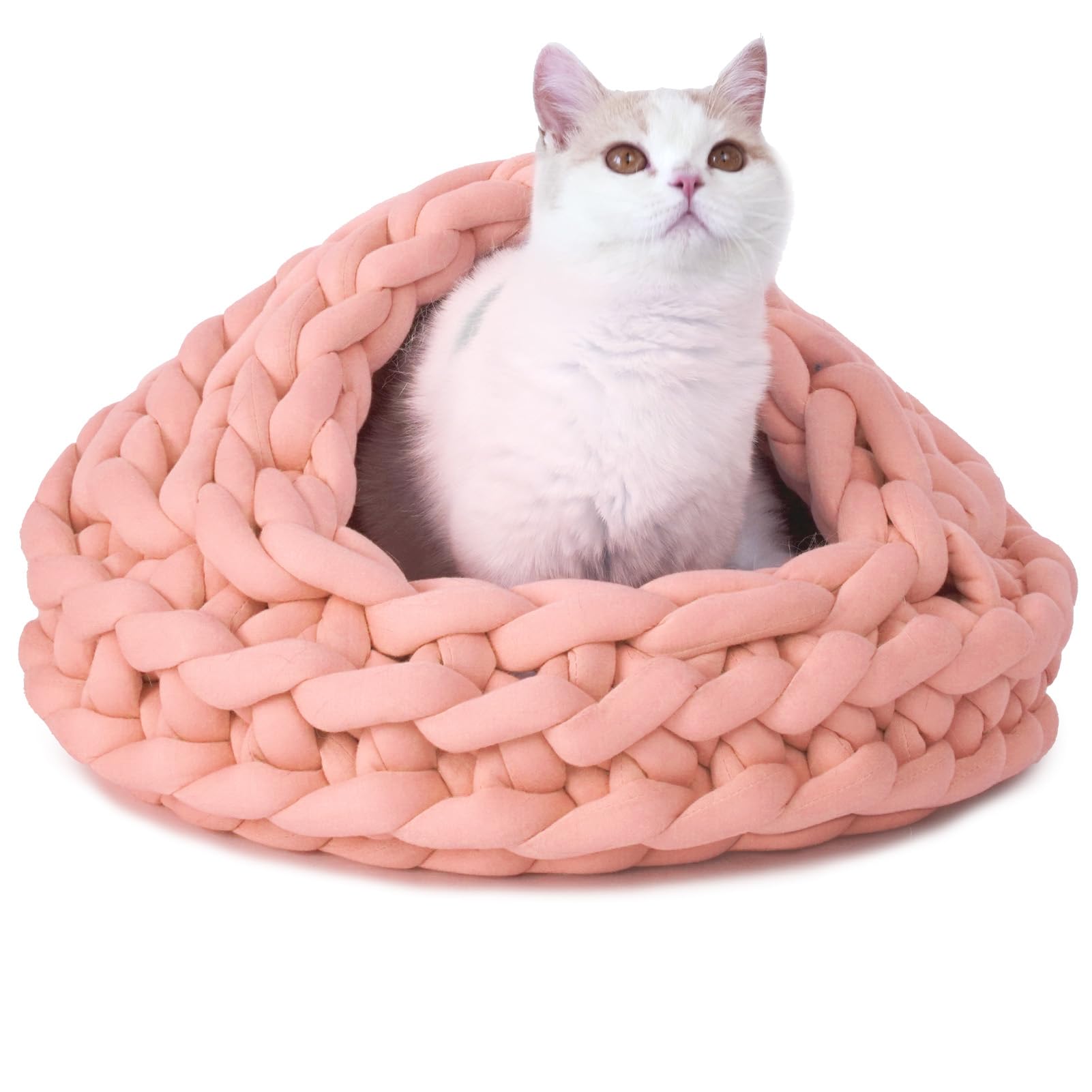 Beneluckyo Knitted Cat Cave, 20in Pink Cat Beds for Indoor Cats, Kittens or Puppies, Flexible Pet Bed - Turns into Tent, Nest or Pad, Machine Washable
