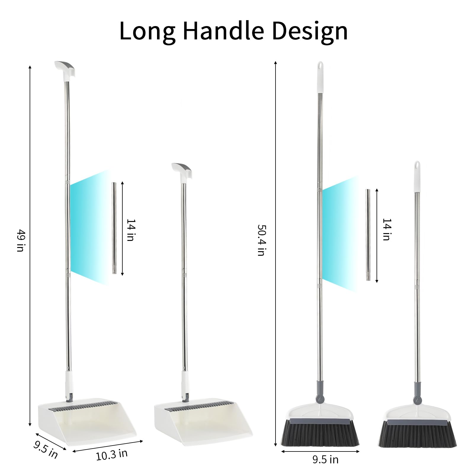 Broom with Dustpan Combo Set, 2 in 1 Broom and Dustpan Set with Long Handle, Upright 180° Rotating Broom with Brush and Lightwight Dust Pans for Home Kitchen Room Office Lobby Floor Cleaning,White