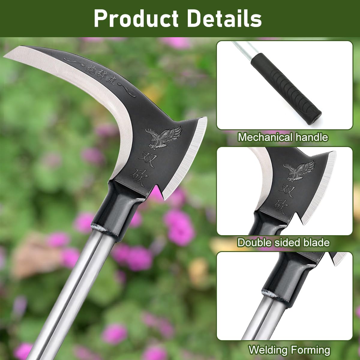HASTHIP® Carbon Steel Axe Tool - Axe for Wood Cutting - Gardening Sickle Axe Tool for Cutting Grass - 52 CM Weed Remover Tool with Handle - 2 In 1 Grass Removing Tool for Chopping, Harvesting, Pruning - Image 3 thumbnail