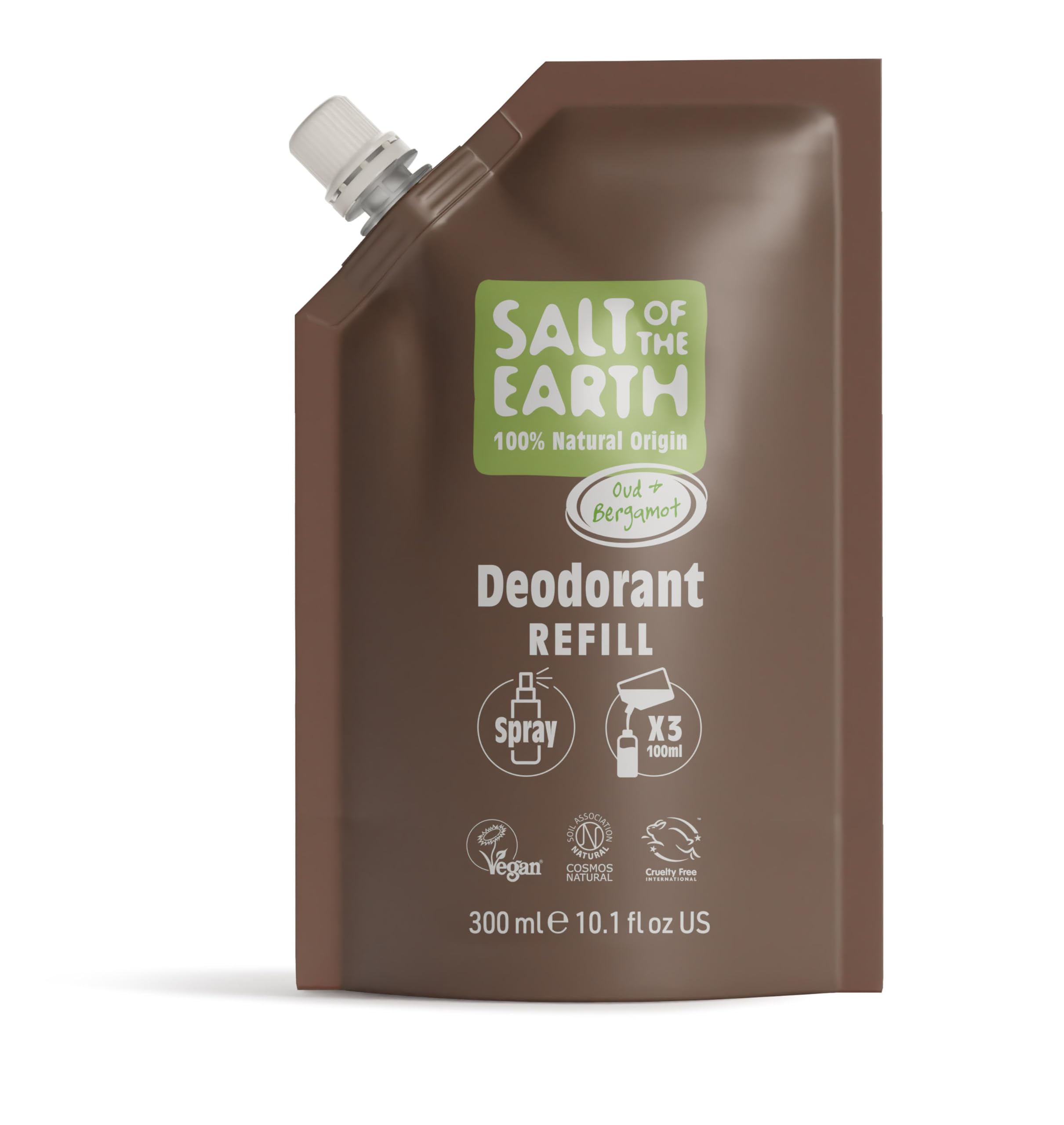 Salt of the Earth – Saszetka uzupełniająca do naturalnego dezodorantu w sprayu, do 3 użyć – Oud & Bergamotka – wegańska, długotrwała ochrona – 300 ml.