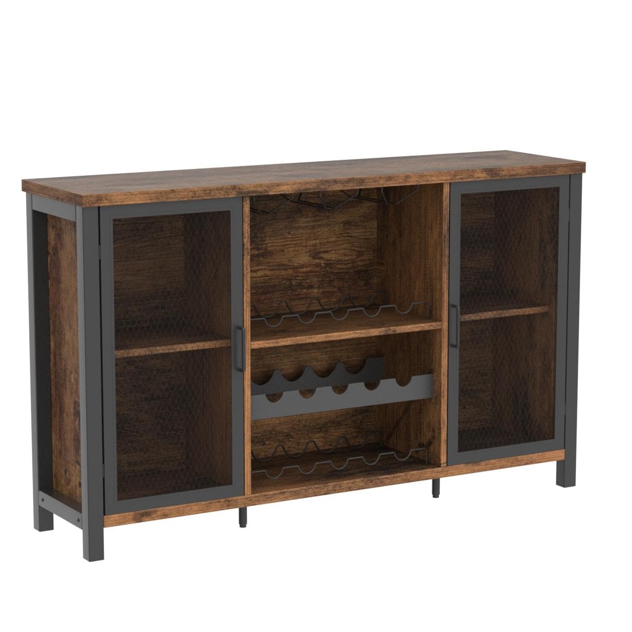 IBF Weinschrank Barschrank mit Weinregal und Glashalter Industrial Küchenschrank Kaffeebarschrank Sideboard Weinbarschrank für Küche Esszimmer Wohnzimmer Eingangsbereich,140 cm Rustikales Braun