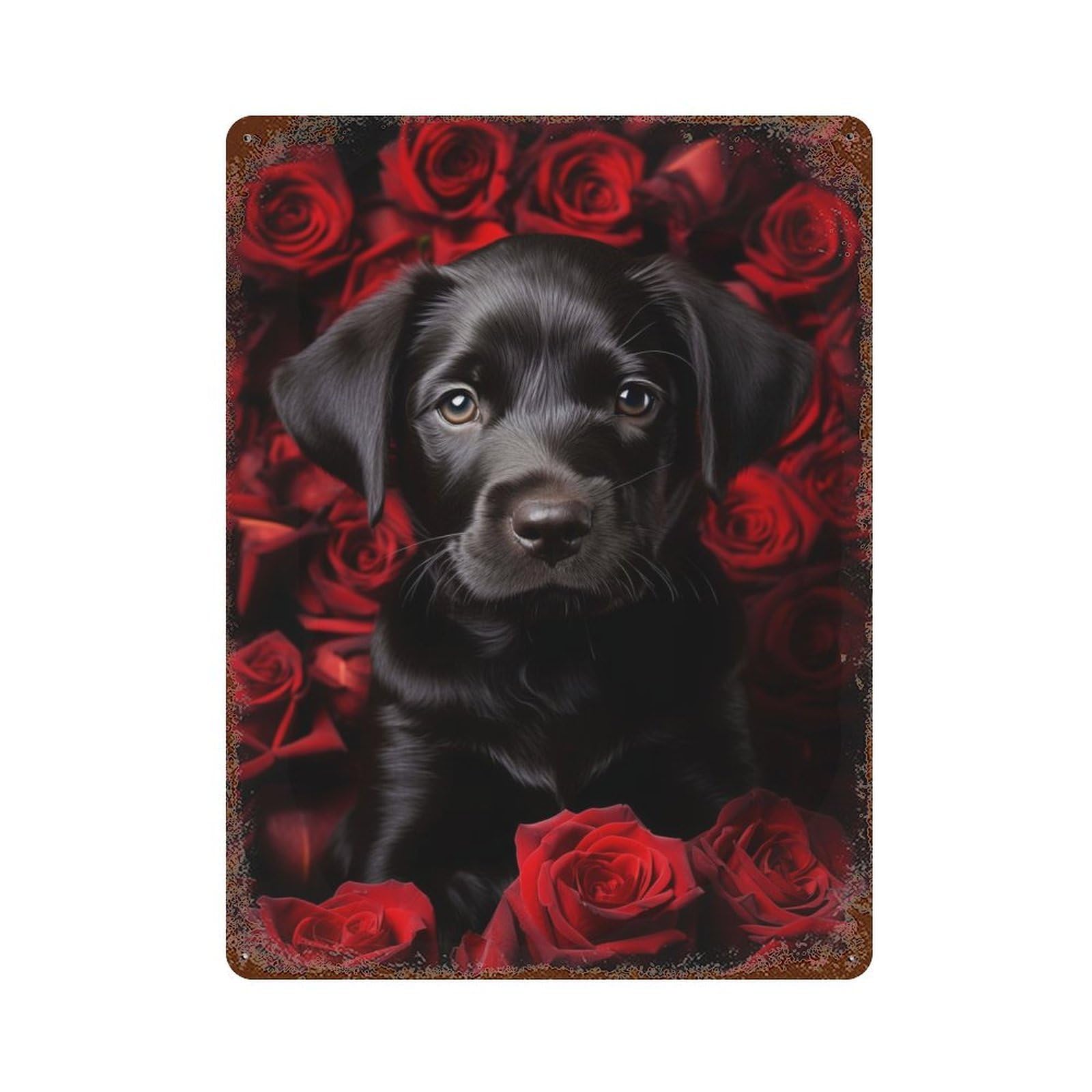 Garage Style Labrador Puppy in Roses Weathered Tin Sign 15.7"x11.8", Classic Wall Plaque for Bar And Workshop
