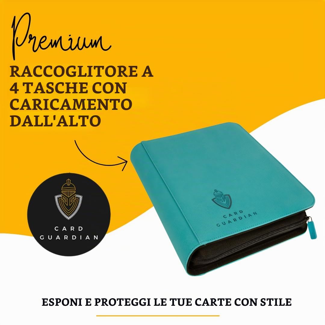 Card Guardian - Raccoglitore Premium con 4 Tasche e Cerniera per 160 Carte - Tasche con Caricamento Laterale - Compatibile con Carte Sportive e di Collezione TCG (Teal)