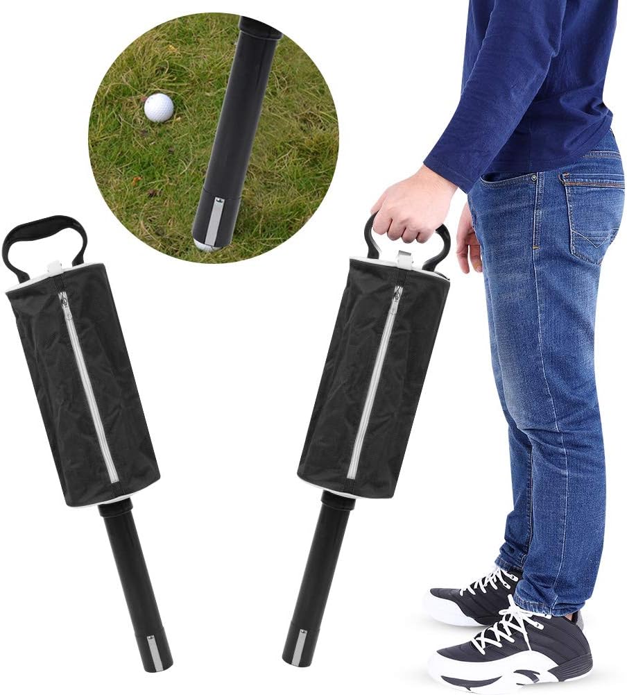 Golf Ball Retriever, Golf Ball Shag Bag, Golf Ball Collector, Golf Ball Pick Up with Detachable Aluminum Tube Tee Holder, Pocket Shagger Storage for Golf (Holds 70 Balls) (Black)