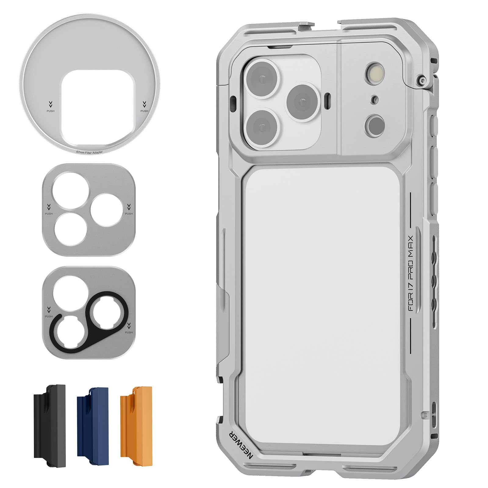 NEEWER Phone Cage Compatible con iPhone 17 Pro MAX,Quick Release Video Rig Estabilizador Accesorios con 67mm Anillo Filtro, 17mm Lens Backplate,T Mount Adaptador,4xTapa Control Cámara,PA144(Plateado)