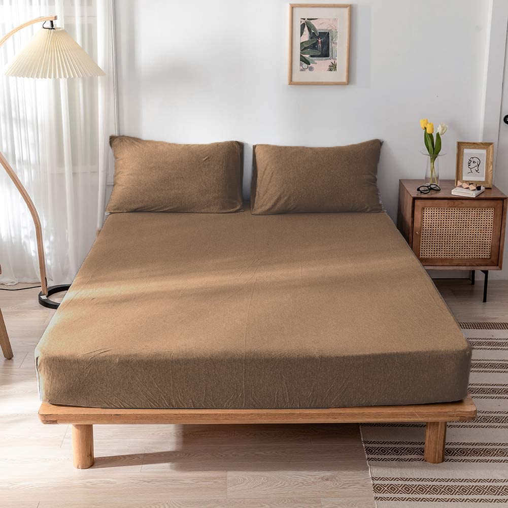 Ciel Home Wrinkle and Iron Free 100% Cotton Jersey (Soft T-Shirt Fabric) - Queen Size Fitted Bed Sheet Set - Fits Up to 6" Mattress - Ciel Home Decors (Queen, Peanut Brown)