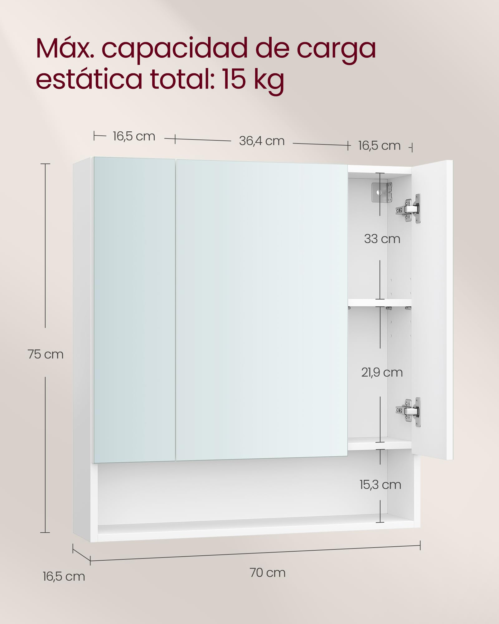 VASAGLE Kailyn Colección - Armario de Baño con Puertas de Espejo, Armario de Pared de Baño, Armario de Pared con Espejo, Estantes Ajustables, 16,5 x 70 x 75 cm, Blanco Nube BBK129W01V1