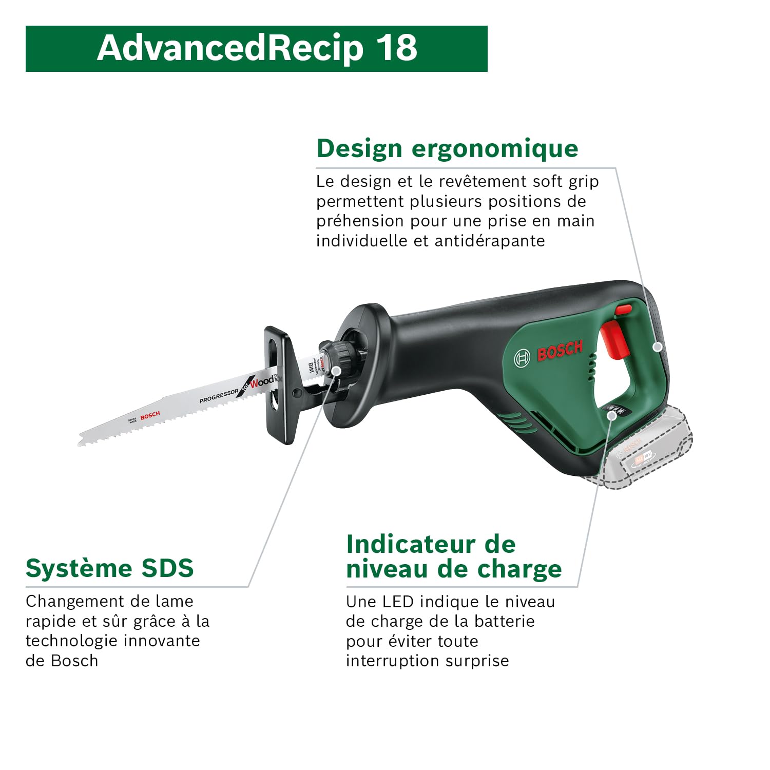 Bosch scie sabre sans fil AdvancedRecip 18 (sans batterie, système 18 V, dans carton)