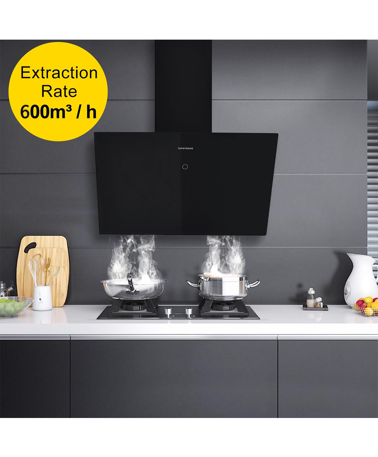 Cooker Hood 60cm Wall-Mount Extractor Hood with 600m³/h Tempered Glass Touch Control Aluminum LED 3 Speed Black TopStrong Extractor fan kitchen - 3