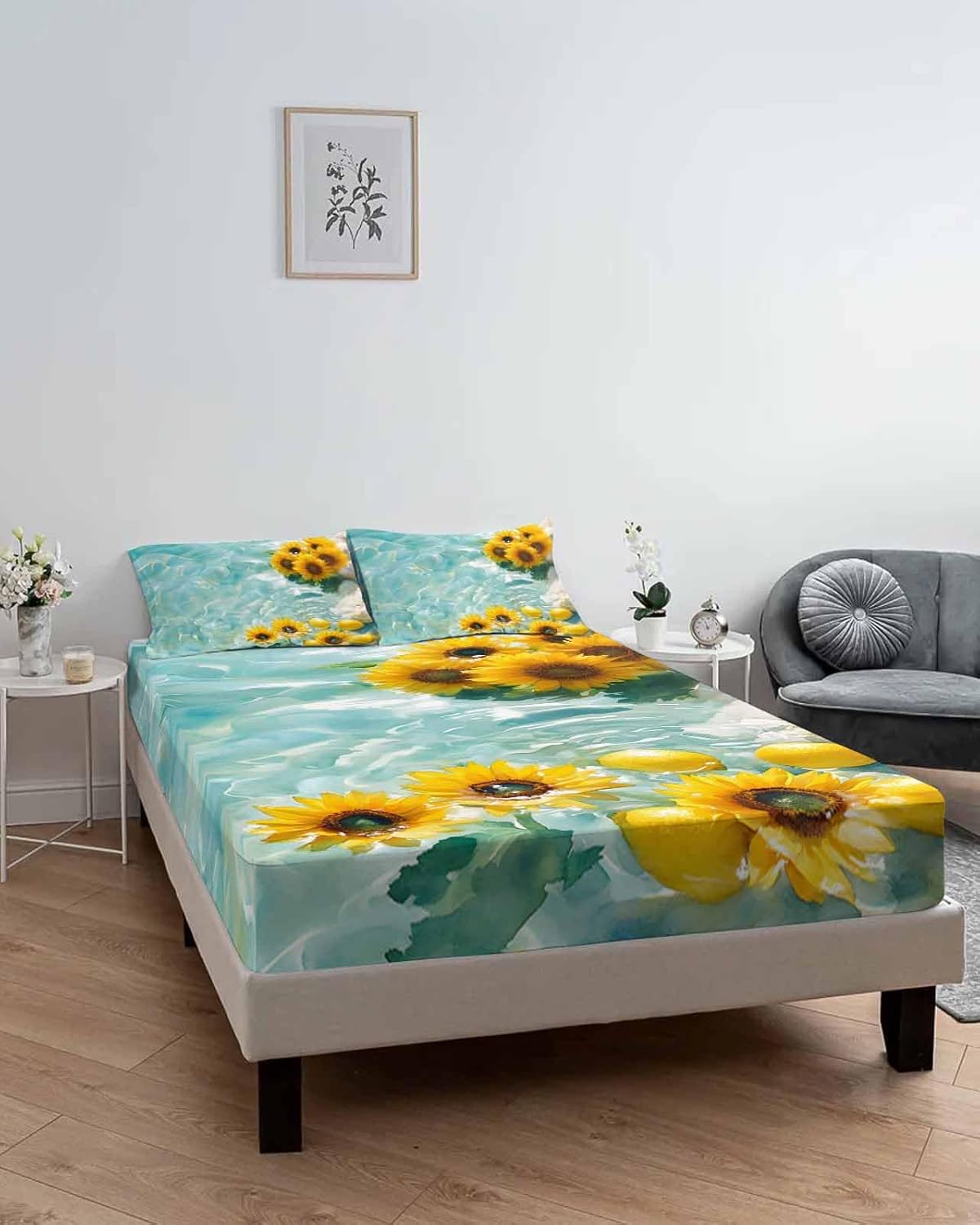 Summer Watercolor Sunflower Lemon Fitted Bed Sheets Queen Size Fit 5-16inch Deep Pockets,Luxury Bottom Sheet Bedding Set with Pillow Case,Lake Stone Flower Fruit Fitted Sheet for Mattress