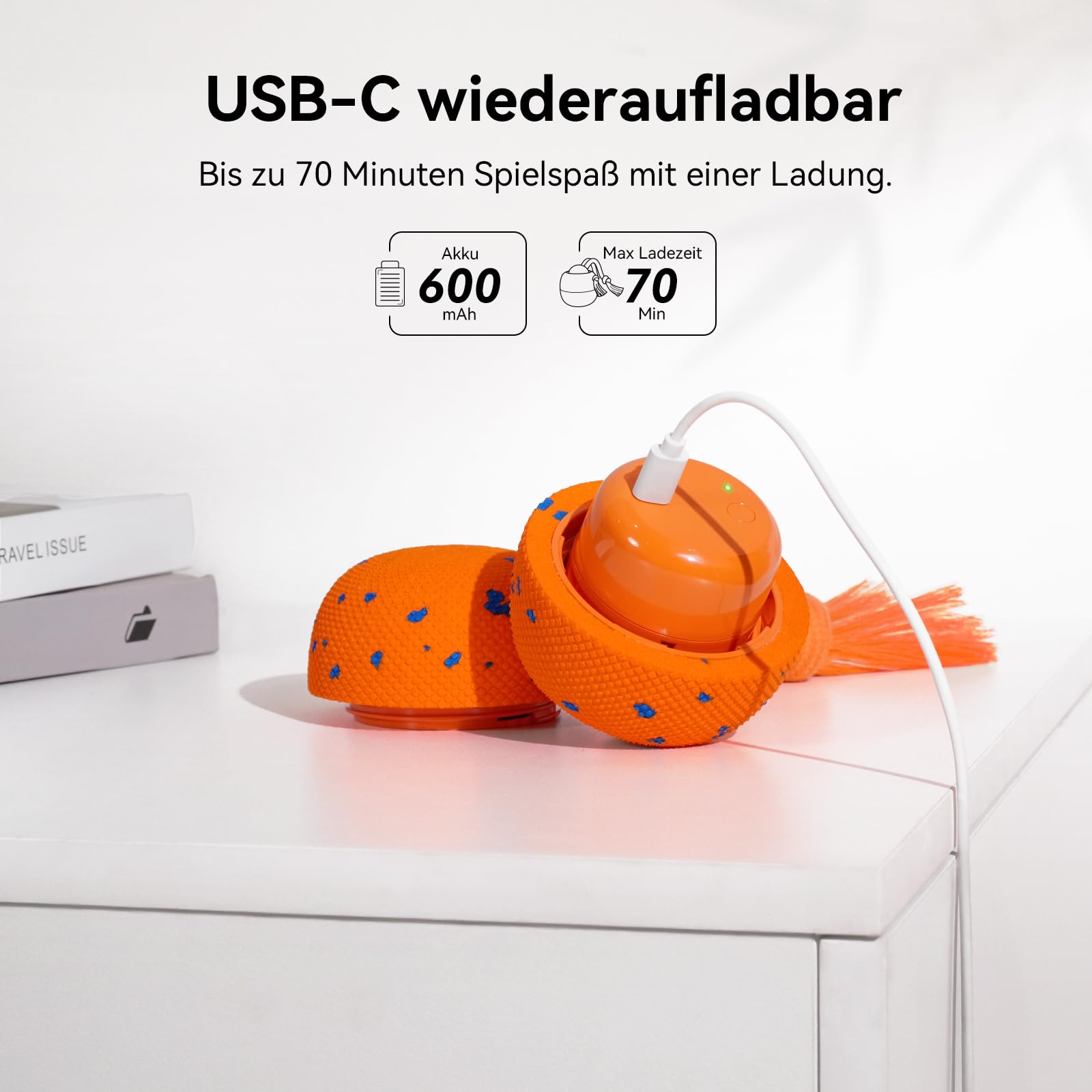 Cheerble Wicked Ball Rolly, interaktiver Hundeball mit Seil & Bellen Orange | Selbstrollendes Hundespielzeug, 3 Modi, austauschbare E-TPU-Hülle, USB-C aufladbar, für mittelgroße & große Hunde