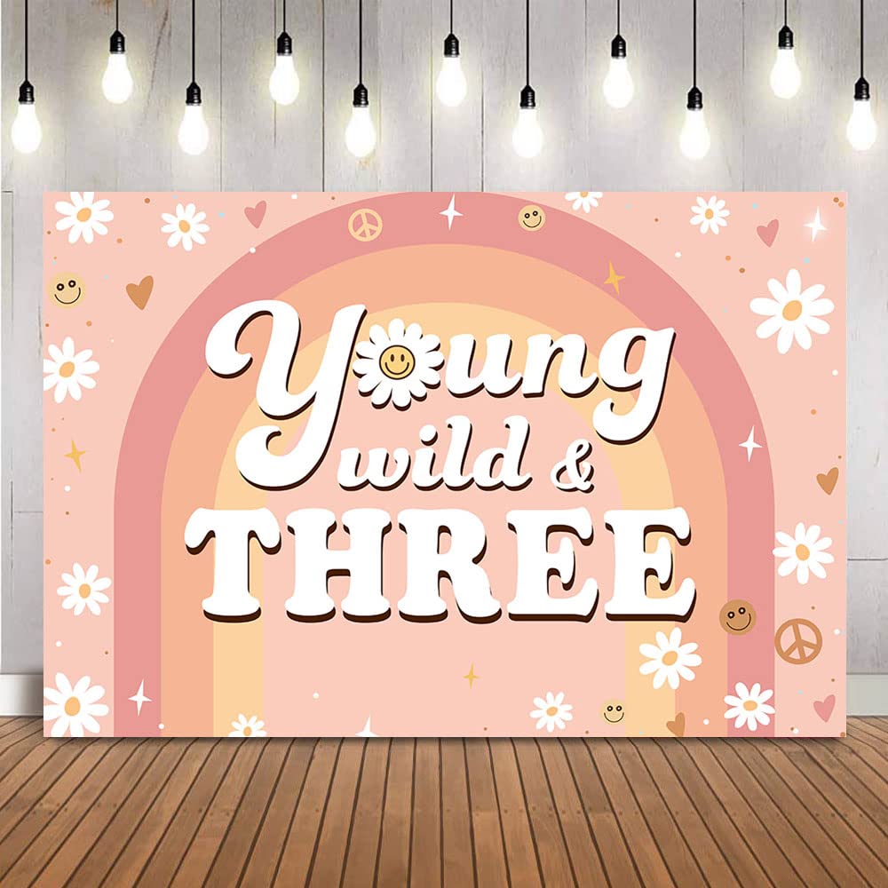 Young Wild and Three Backdrop Girl's 3rd Birthday Party Background Rainbow Daisies Pink Birthday Backdrop 70s Theme Party Decoration Supplies (7x5ft)