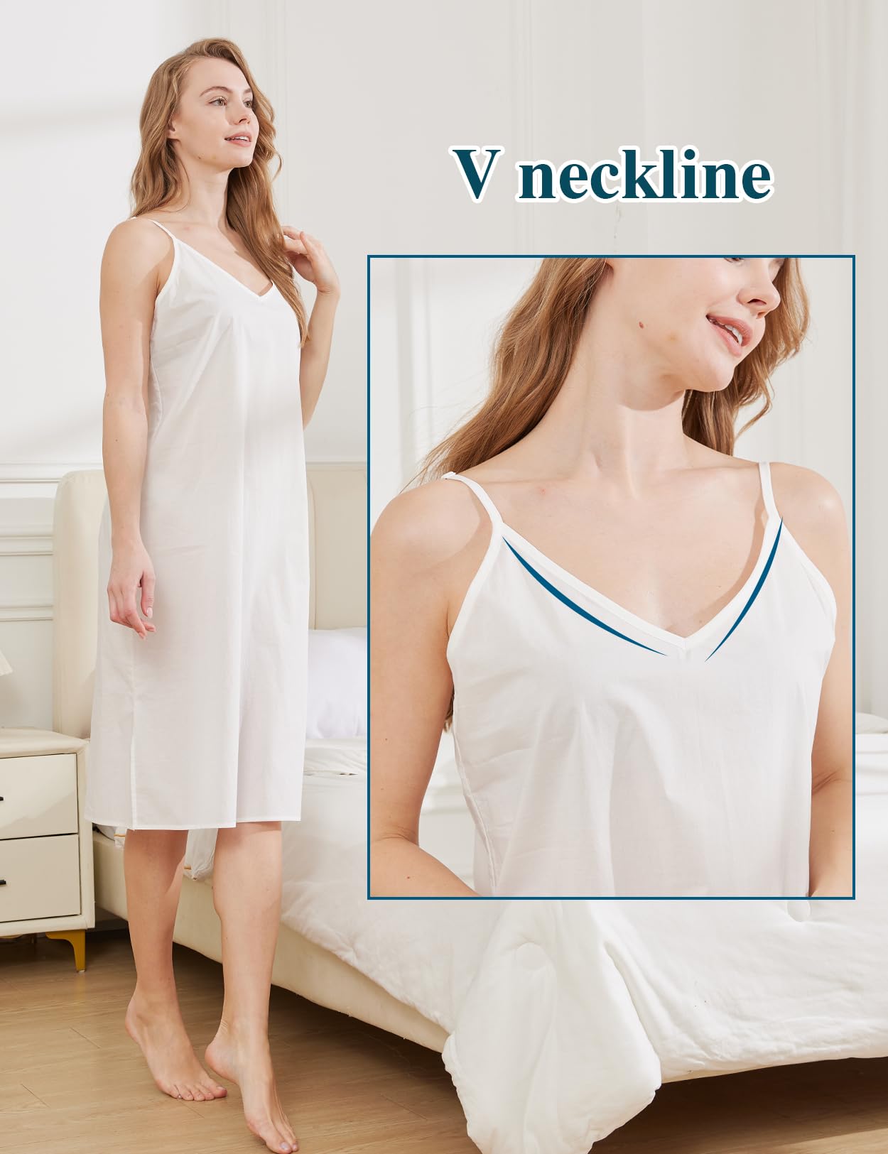 BEAUTELICATE 100% Algodón Enaguas Mujer Pijama de Tirantes con Correas Ajustables Combinación Interior para Vestido
