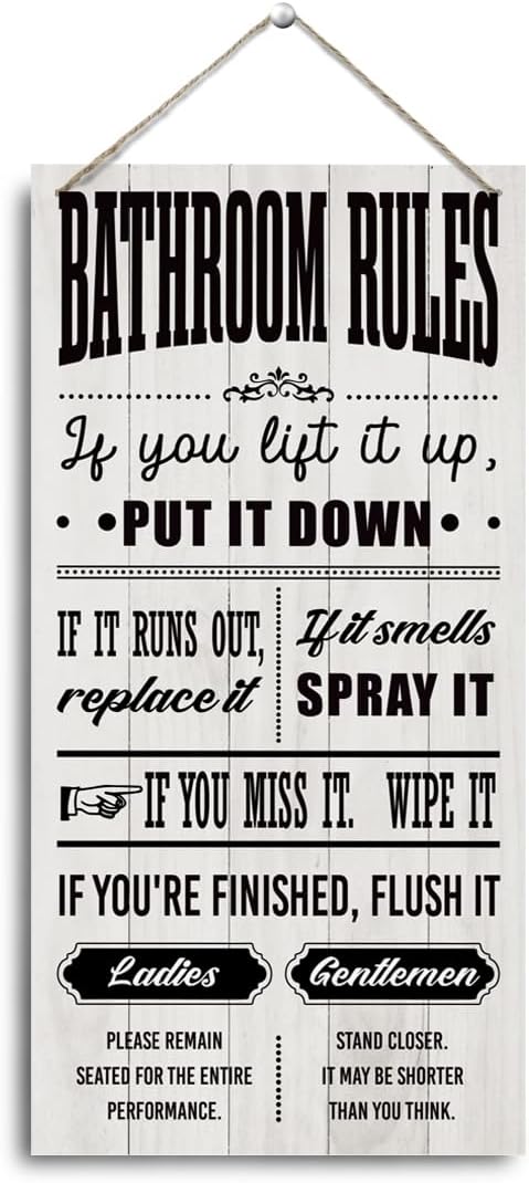 Funny Bathroom Decor, Bathroom Rules, Washroom Quote Sign， Country Signs, Hanging wooden plaque sign, Farmhouse Decor, Rustic Farmhouse Wall Decorate, 11.8 * 5.9 Inch, Housewarming Gift