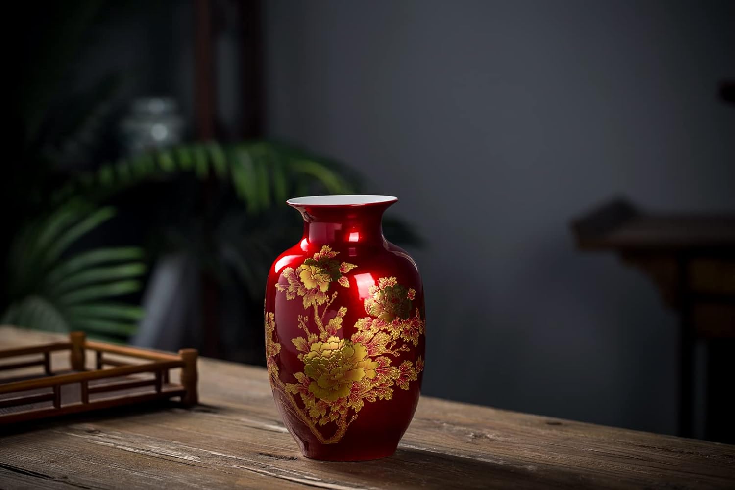 Red Vase Oriental Ceramic Flower Vases Decorated with Peony Design for Home Living Room Ornaments and Wedding Tall 9'' - Image 3