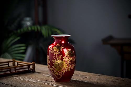Miniatura 3 de Florero rojo oriental de cerámica decorado con diseño de peonía para el hogar, decoración de sala de estar y boda, alto 9 pulgadas