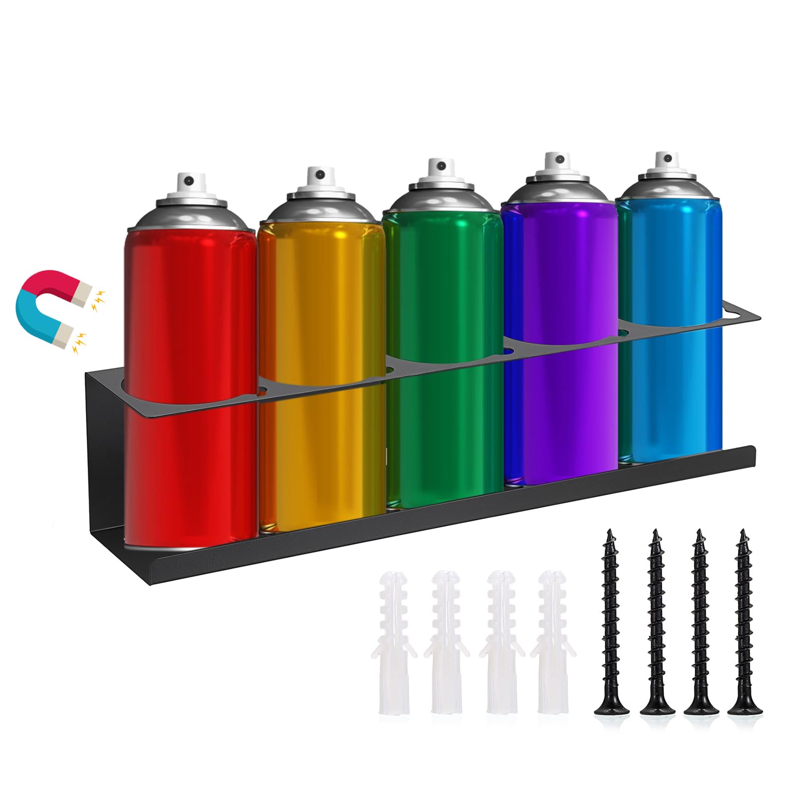 SUMNACON 1 soporte magnético de metal para botellas de spray, estante de pared duradero para 5 botellas de spray, soporte para latas de aerosol, soporte de taller, para garaje, taller, color negro
