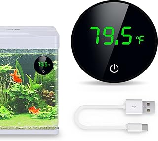 Aquarium Thermometer Digital, Fish Tank Thermometer, Reptile Terrarium Thermometer, Incubator Thermometer, Fish Tank Accessories with LED Display and USB Rechargeable Cordless, Range of 14-122℉