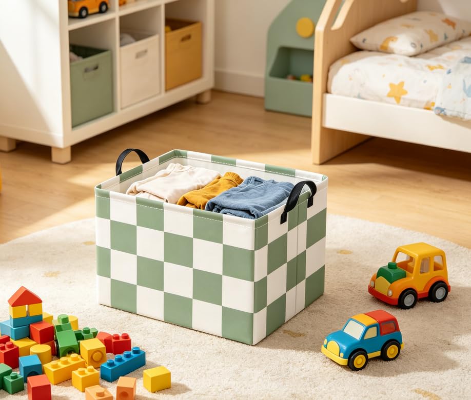 Image of Rectangular Baby Kids Storage Basket for Home Kitchen Girls Cute Toy Storage Bin Organizer Shelf Book Room Decor(Green Checkered)