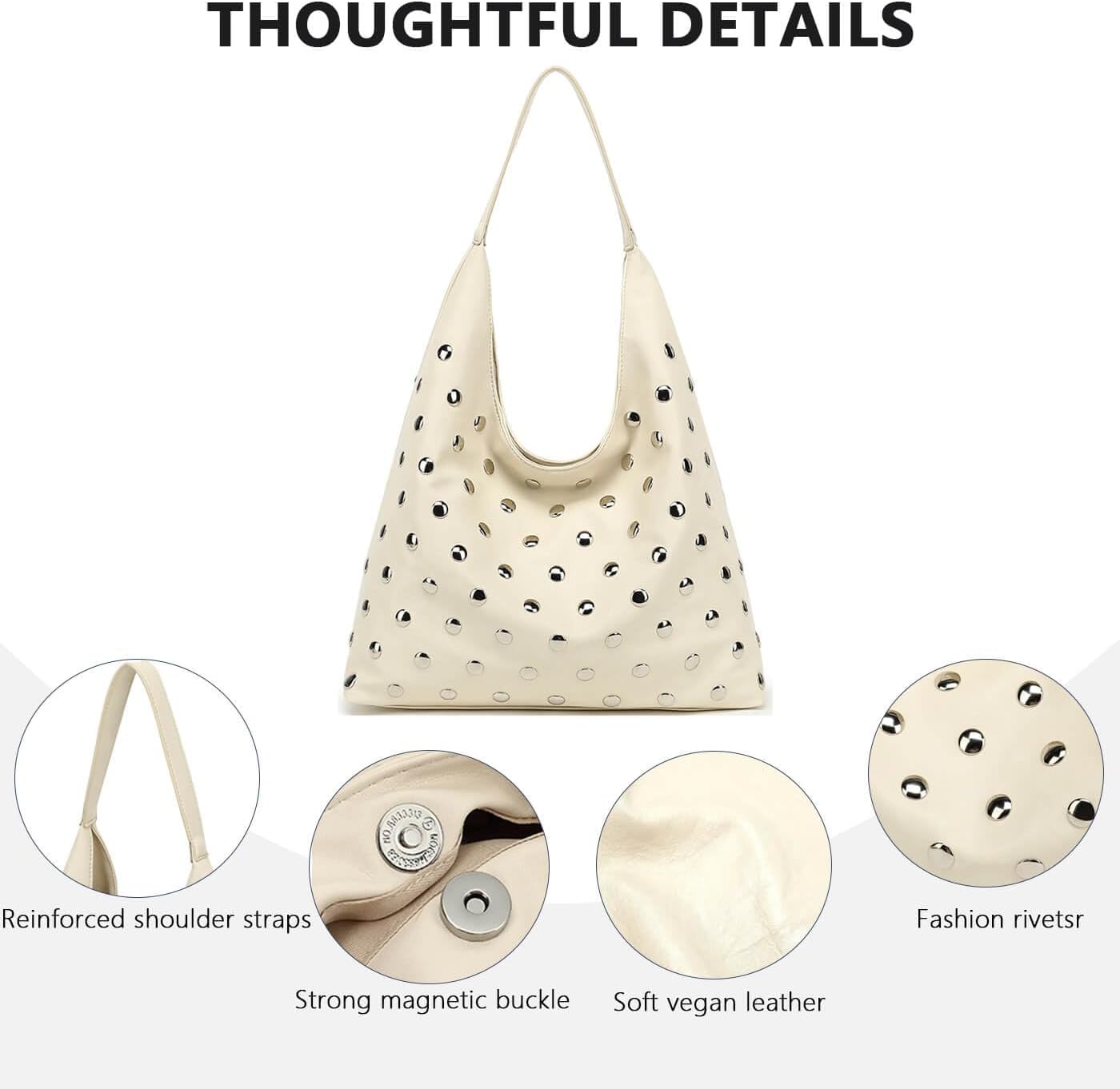 Studded Hobo Bag for Women, Vegan Leather Tote Purse, Soft Slouchy Shoulder Bag - Image 6