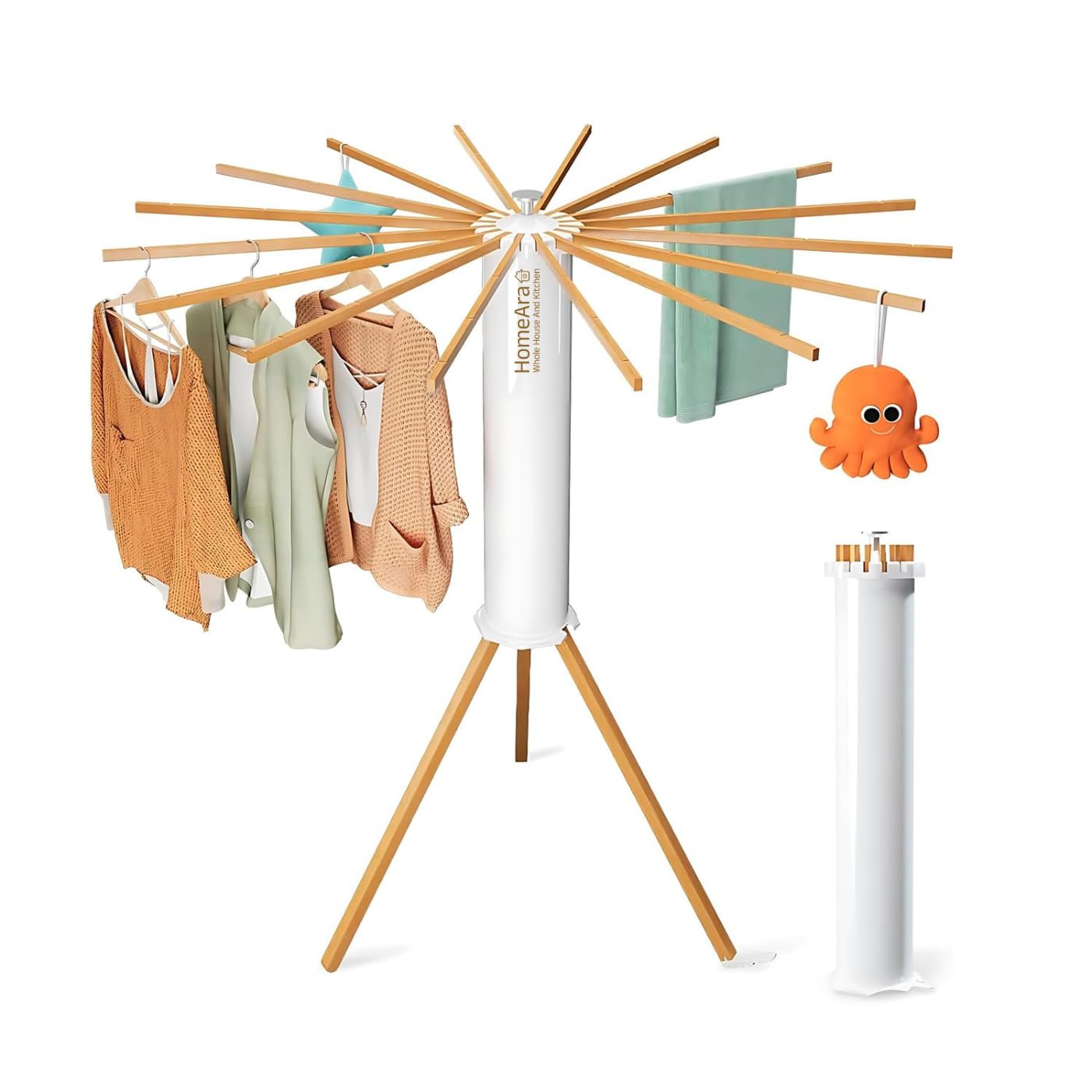 HomeAra Foldable Tripod Clothes Drying Rack, Floor Standing Laundry Dryer with 16 Solid Beech Wood Poles | Multi-Way Rotatable Cloth Stand, Heavy-Duty, Collapsible & Lightweight, 3.9 ft Drying Length
