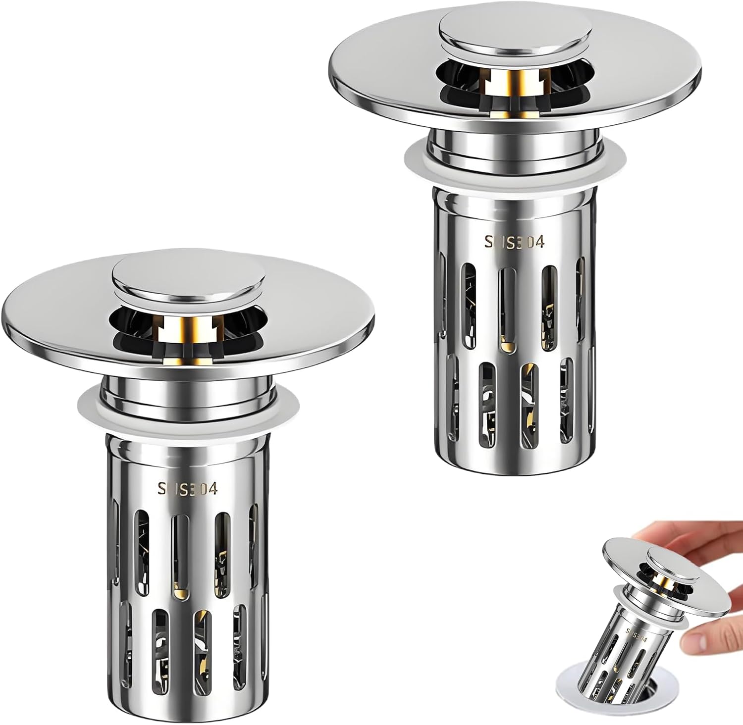 2 Pack Bathroom Sink Drain Strainer, Universal Sink Stopper with Hair Catcher Easy-Clean Pop-Up Stainless Steel Sink Strainer (F46)