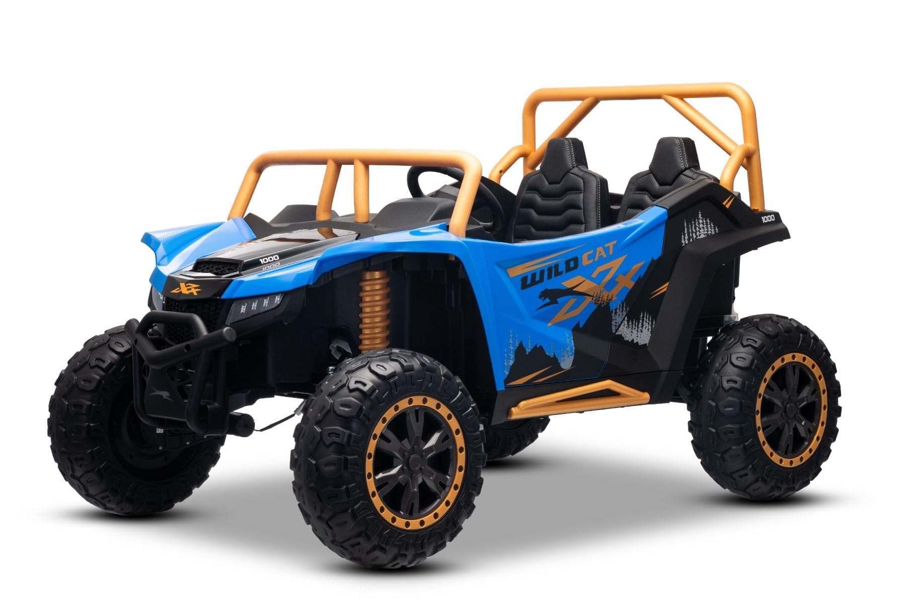 Buggy elettrico Artic CAT XXL 4x4 24V, blu, due posti, ruote in EVA morbida, motori potenti, batteria al litio, lettore MP3 con Bluetooth, sospensioni posteriori, sedili in ecopelle, con licenza