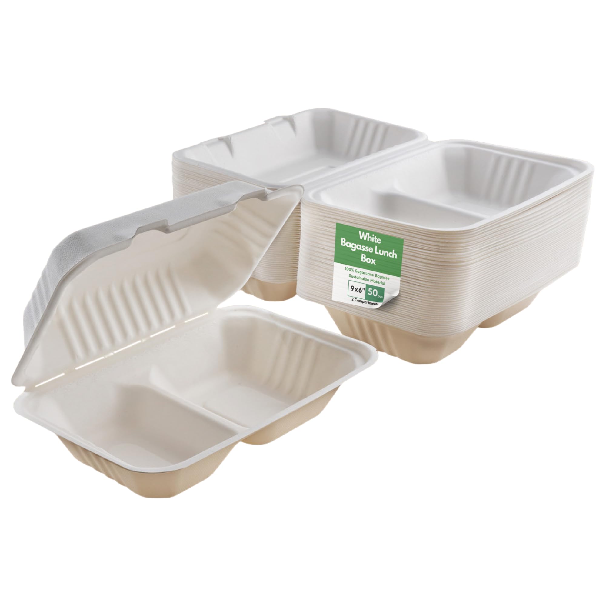 CaterCo Bagasse Clamshell Food Containers - 9 x 6 inch 2 Compartment 50 Pack Biodegradable Sugarcane Container, Compostable, Eco-Friendly, Takeaway Boxes, 50 Pack - 9x6 Inch, 2 Compartment