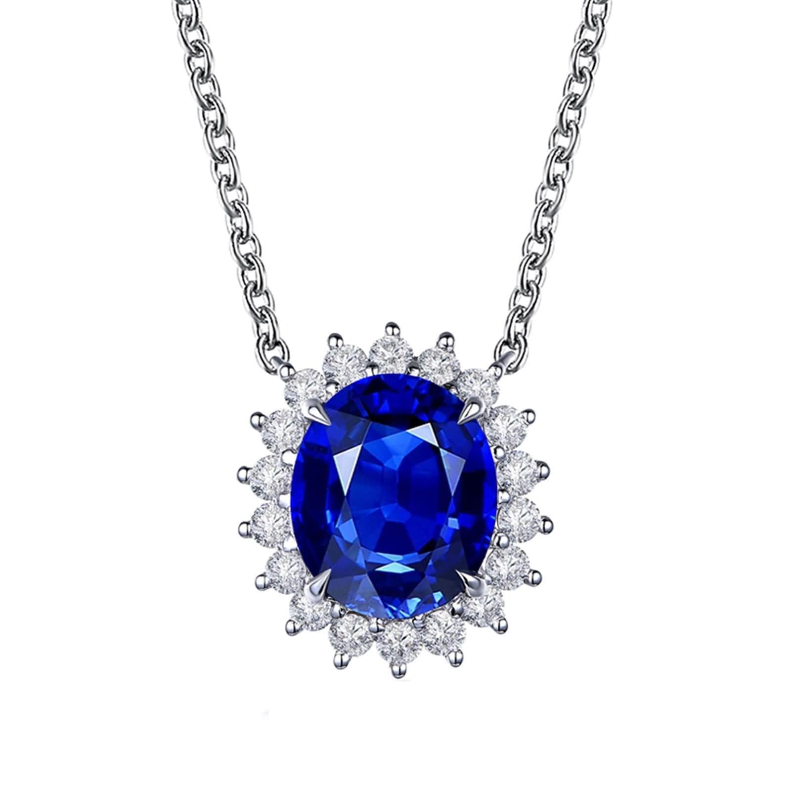 Damskie 9K / 14K / 18K Białe Złoto Wisiorki, 4 Owalne Pazury Z Diamentowym Szafirem 0,6ct i Diamentem, Naszyjniki Damskie Niebieskie Srebro