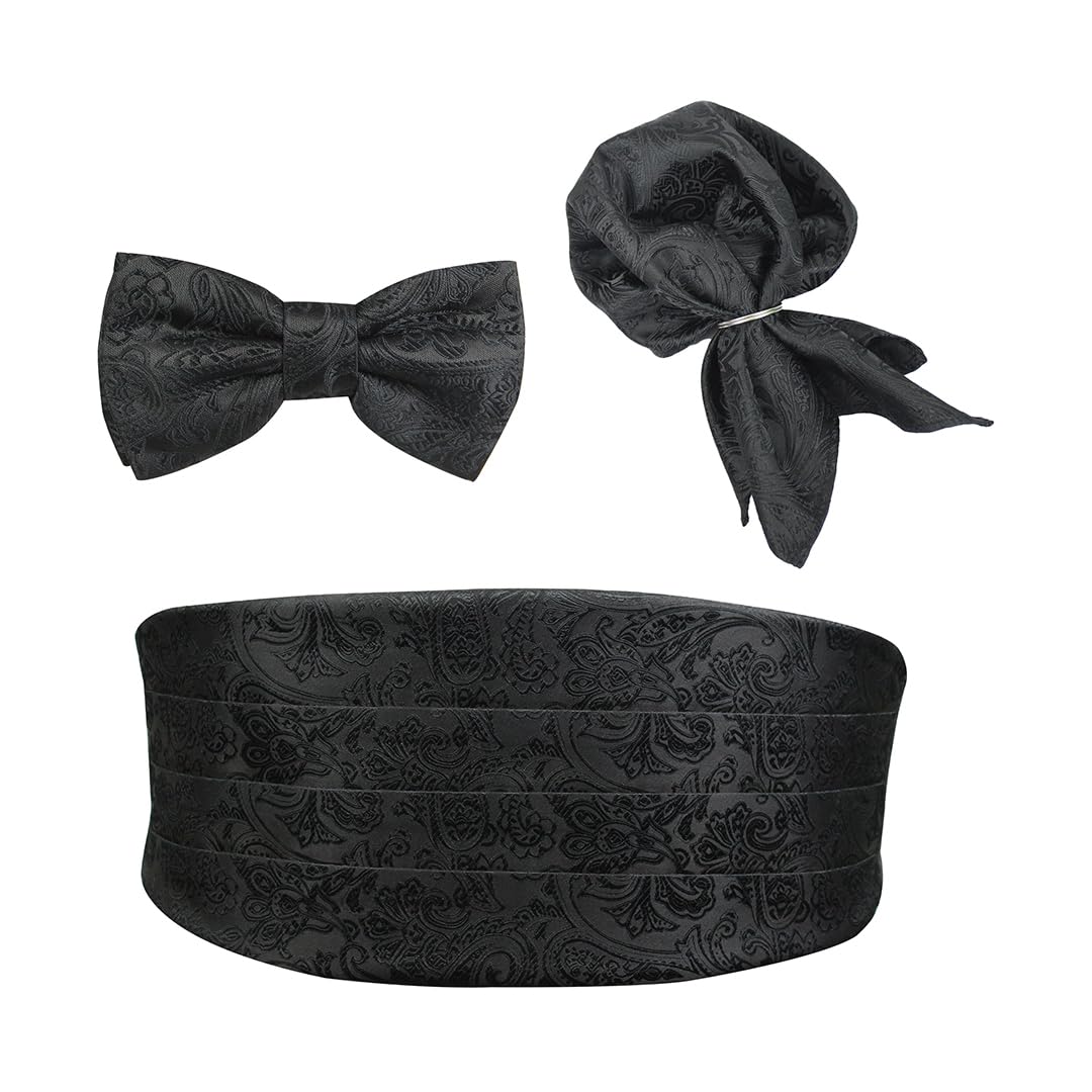 peluche Classic Dapper Black Cummerbund, Bow Tie & Pocket Square Set for Men-picture-23