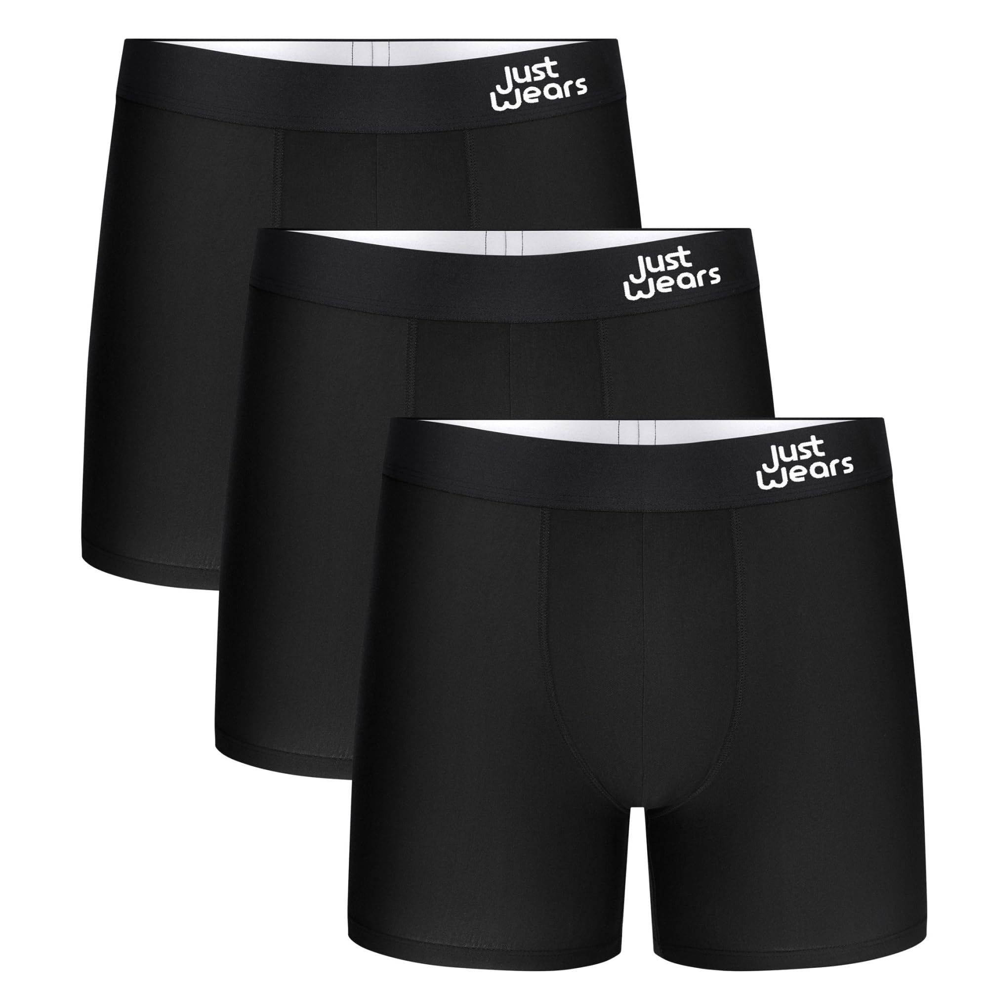 Justwears Men's All Black Everyday Boxer Briefs, 3 Pack | Breathable Anti-Chafe Underwear With Moisture-Wicking Micromodal Air Cool Fabric | Ergonomic Support | Seamless Sustainable Boxers For | Pants Gift