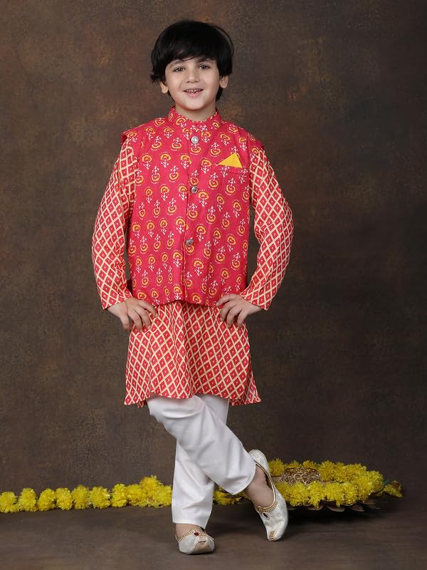 Image of superminis Boys Cotton Printed Full Sleeves Kurta With Ajrakh Printed Jacket and Pyjama Set