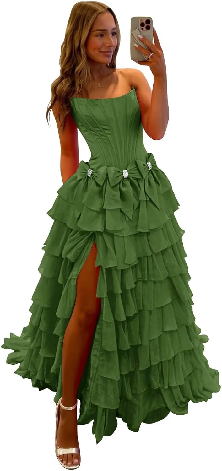Chiffon Prom Dresses for Women Strapless Evening Gowns Tiered Side Slit Evening Gown with Bow