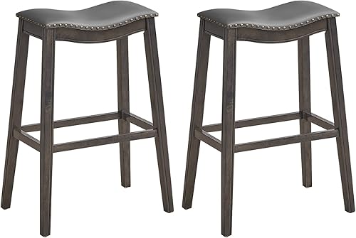 Miniatura 9 de GOFLAME Juego de 4 taburetes de silla de montar de 29 pulgadas de altura de mostrador con asiento acolchado, borde de cabeza de clavo, marco de