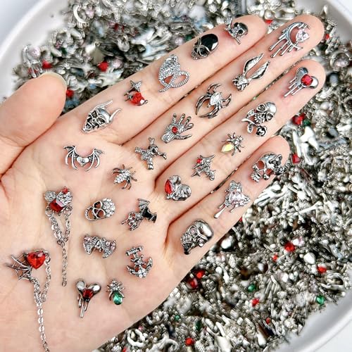 20Pcs Goth Halloween Nail Charms 3D Metal Spider Bat Nail Art Charms Silver Skull Snake Star Moon Nail Rhinestone with Red Gems Dark Punk Nail Accessories for DIY Acrylic Nails Decoration Supplies