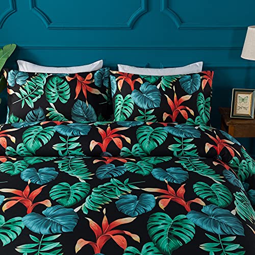 Cliab Black Tropical Duvet Cover King Size Set Bedding Rainforest Monstera Palm Leaf Lightweight Red Deep Green Bedding Zipper Corner Ties 3 Pcs #TOP3