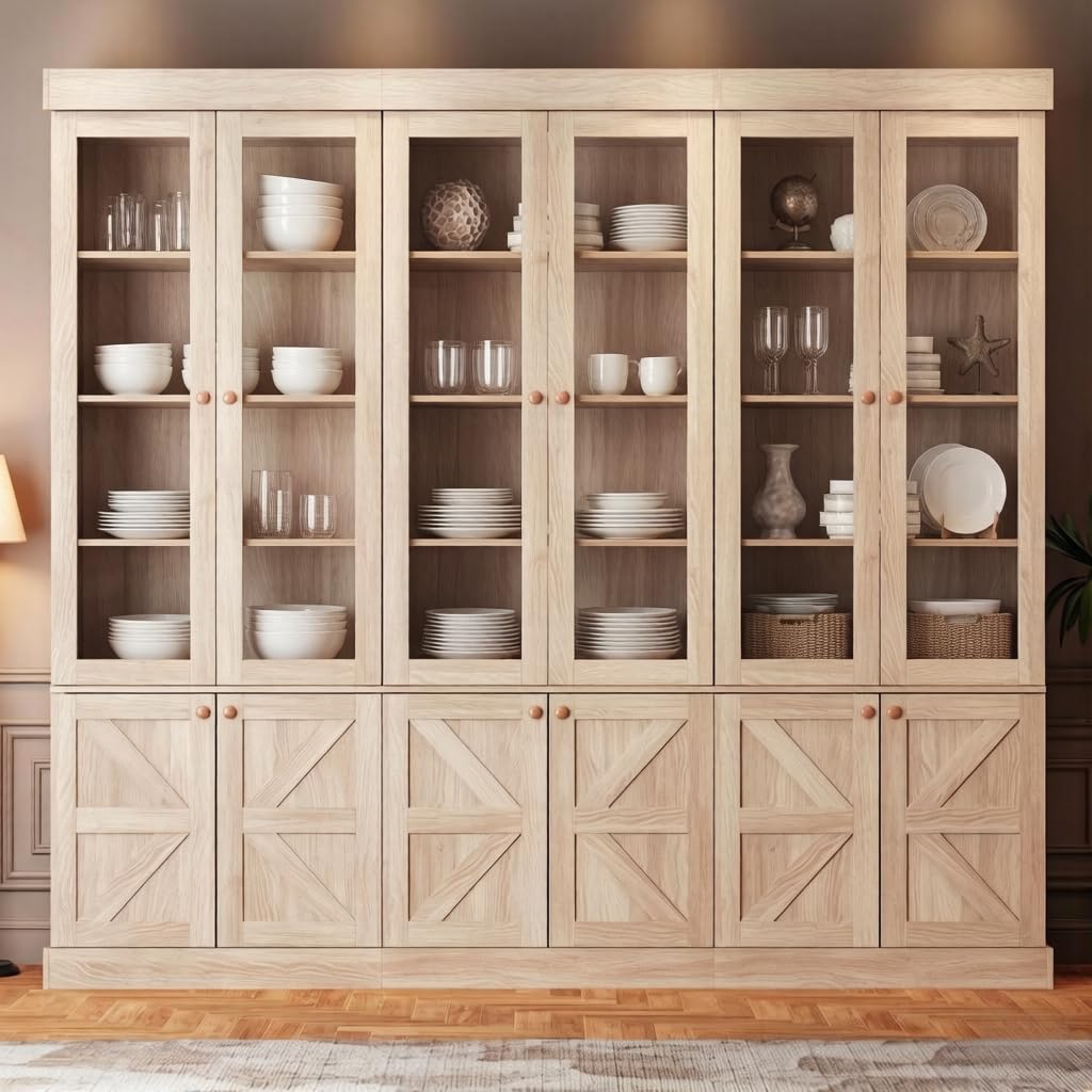 Vyre 71" Tall Farmhouse Kitchen Pantry, Set of 3 Large Storage Cabinets with Glass Doors &amp; Adjustable Shelves, Versatile Wood Hutch for Living Room, Dining Room, Brown