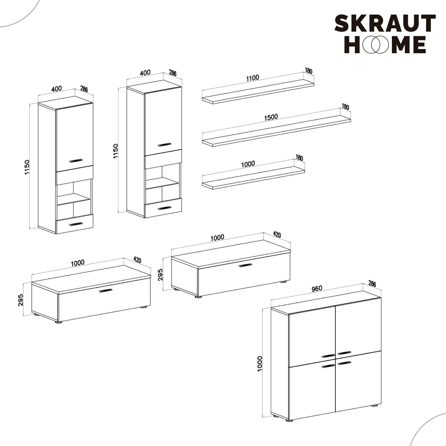 Skraut Home | Ensemble de Meubles Salon TV | unité Murale | Salle à Manger | Ensemble de séjour | ilumination LED | Couleur Noir laqué et Blanc Mate | 300x189x42cm