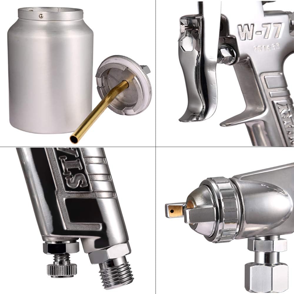 W77 Siphon Feed Spray Gun with 1000cc Cup, 3.5mm Nozzle Spray Gun, Silver Handle