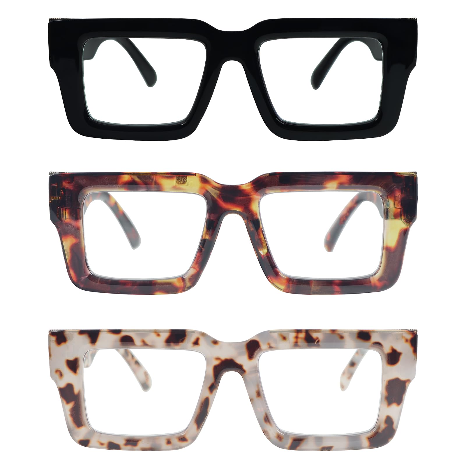 MMOWW 3-Pack Oversized Reading Glasses Square Frame for Women Men Blue Light Blocking Computer Readers (3 Mix Color, +1.0) - Image 2